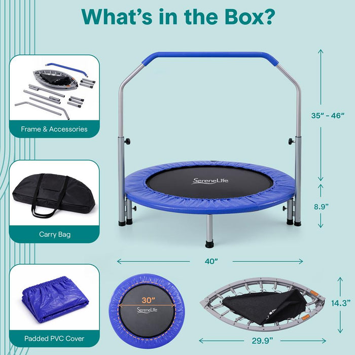 40" Foldable Trampoline, Burn Calories, Adjustable Handrail, Deep Blue