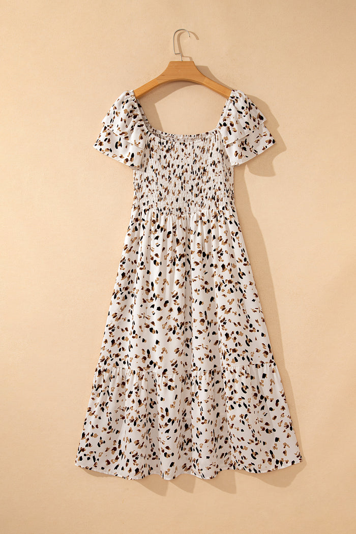 Beige Ditsy Floral Print Smocked Square Neck Ruffle Short Sleeve Dress 🇺🇸