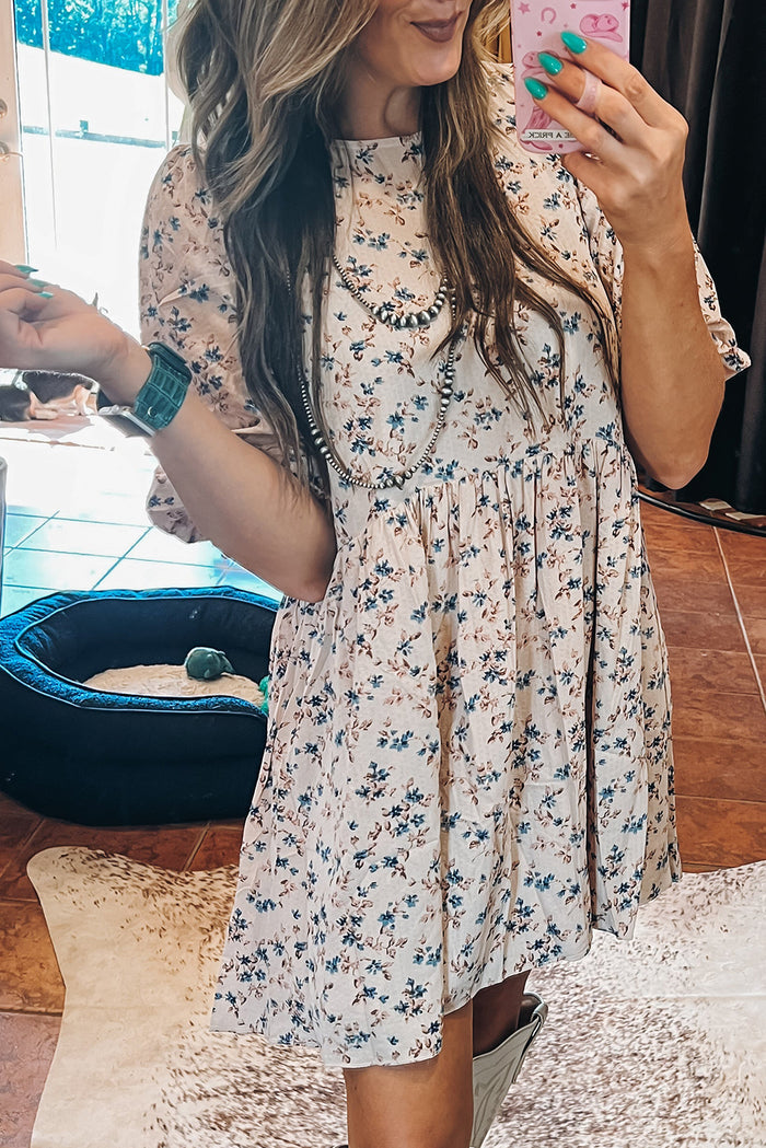 Beige Floral Puff Short Sleeve Empire Waist Mini Dress 🇺🇸