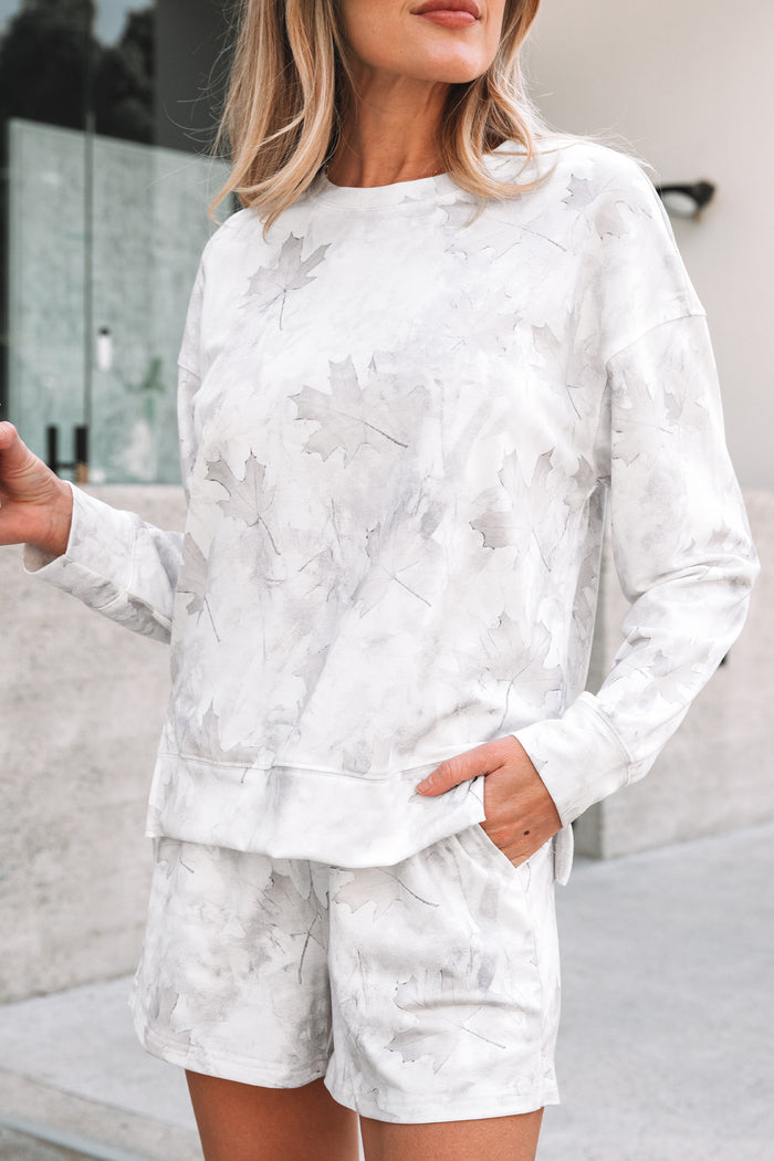 Beige Maple Camo Print Pullover Top and Elastic Waist Casual Short Set 🇺🇸
