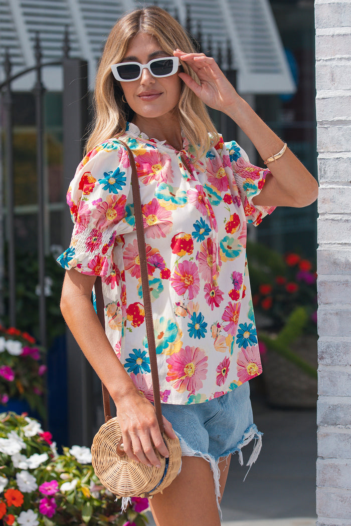 Beige Vibrant Summer Floral Tie V Neck Short Puff Sleeve Blouse 🇺🇸