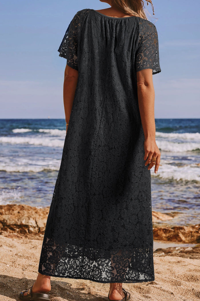 Black Floral Lace Overlay Tassel Tie Short Sleeve Beach Vacation Loose Maxi Dress 🇺🇸