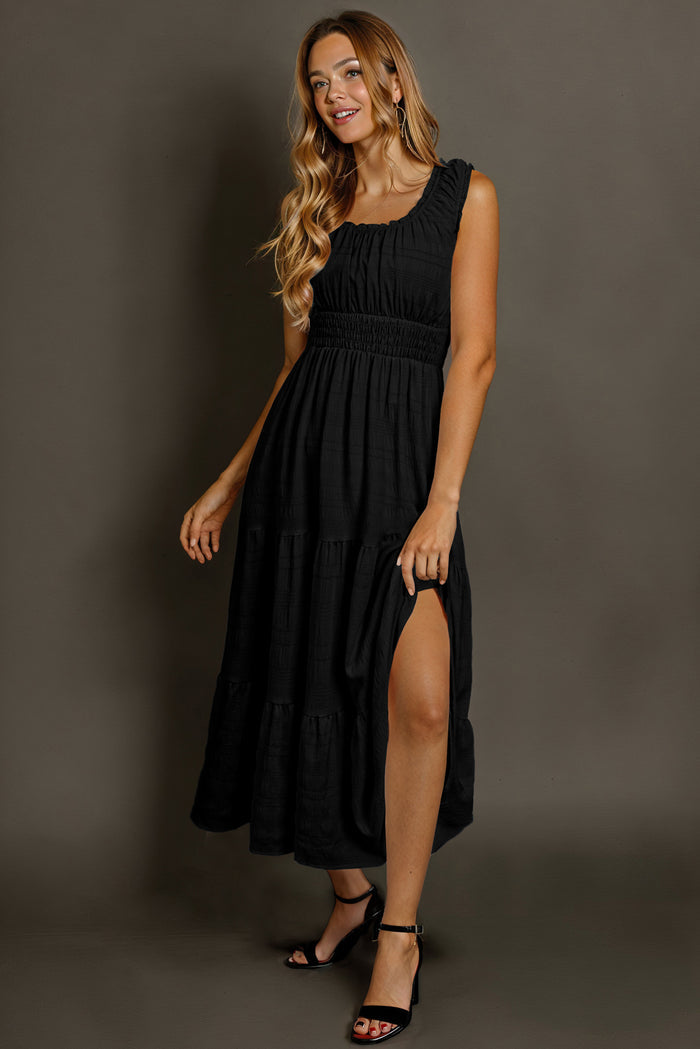 Black Shirred Pleated Square Neck Sleeveless Midi Dress 🇺🇸