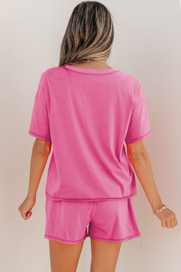 Bright Pink Seam Detail Raw Edge Tee Rainbow Waistband Casual Short Set 🇺🇸