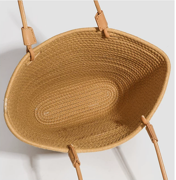 Grace Beauty chic raffia woven straw tote bag, stylish handbag with natural woven texture and sturdy handles.
