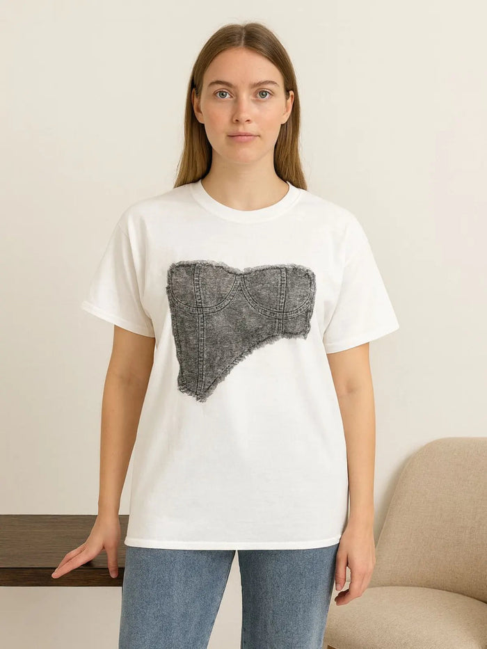 Denim Bra Patch T-Shirt Top 🇬🇧