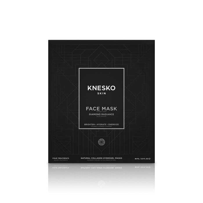 Diamond Radiance Face Mask - 4 Pack | Knesko packaging showing a sleek black design with white text, highlighting skincare benefits like brightening, hydrating, and energizing.
