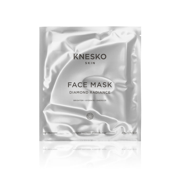 Packaging of Diamond Radiance Face Mask - Single | Knesko in a sleek, silver foil pouch designed for skincare hydration and radiance enhancement.