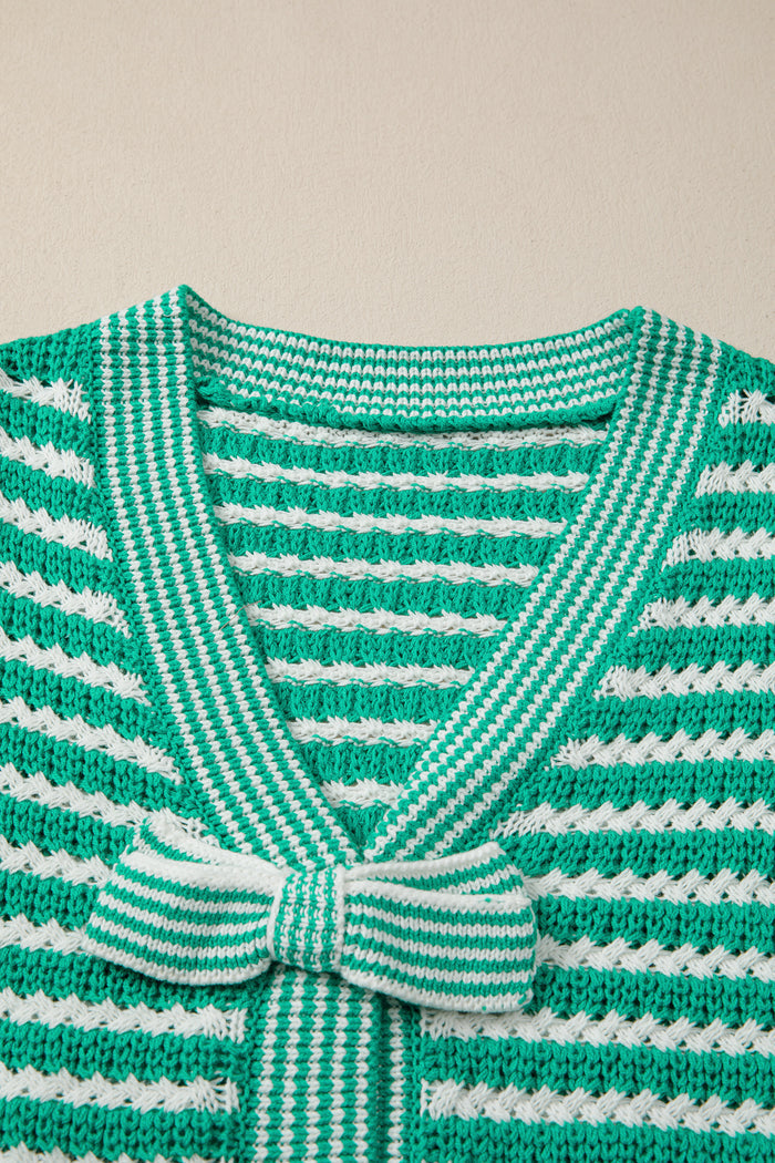 Green Stripe Short Sleeve Knit V Neck Bow Knot Sweater 🇺🇸
