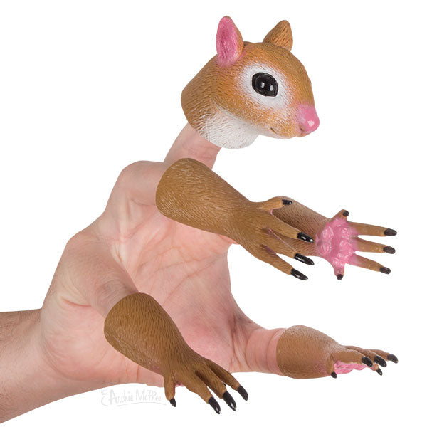 A Handisquirrel finger puppet is displayed, featuring detailed claws and tiny arms, all crafted from high-quality vinyl.