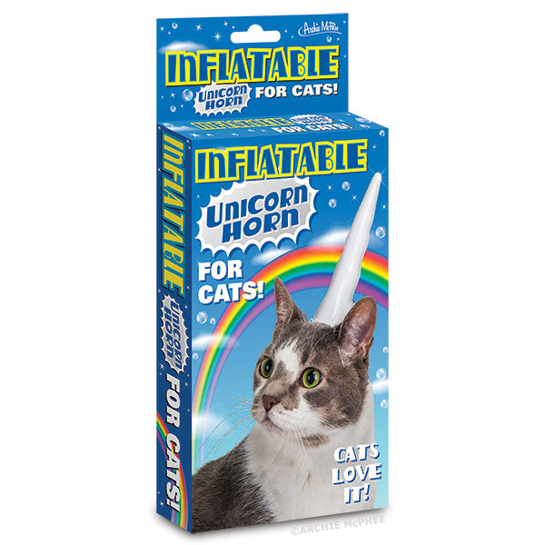 Box of an Inflatable Unicorn Horn for Cats, featuring a cat wearing the vinyl horn with a rainbow background.