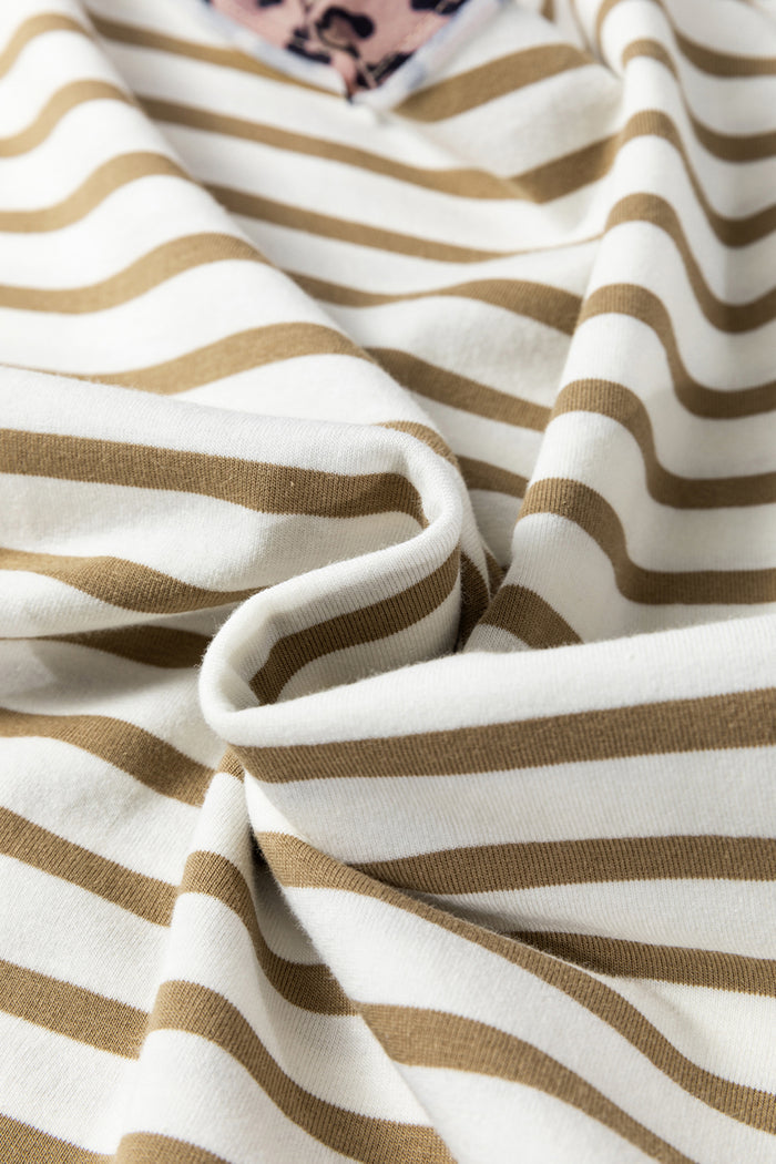 Khaki Stripe Leopard Patchwork Round Neck Loose T Shirt 🇺🇸