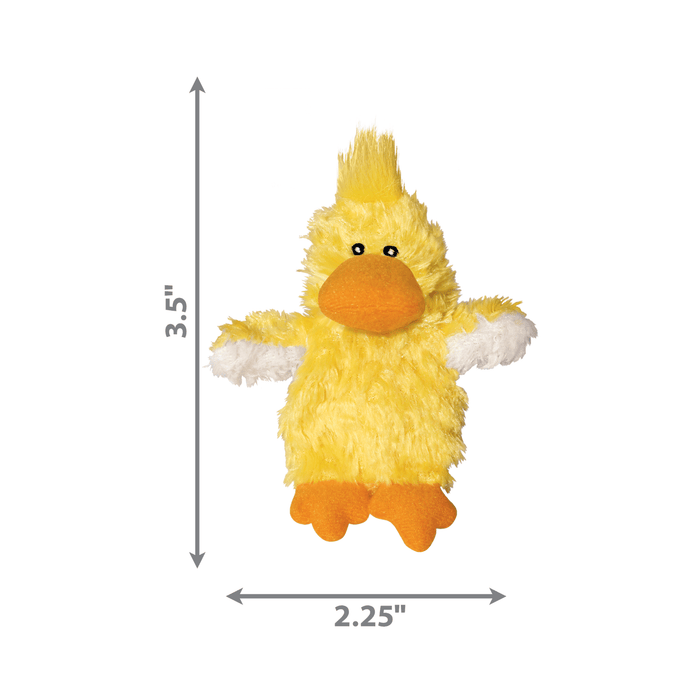 White background with a yellow KONG Refillables duck cat toy with a orange beak and feet, with measurements showing height of 3.5" and width of 2.25"