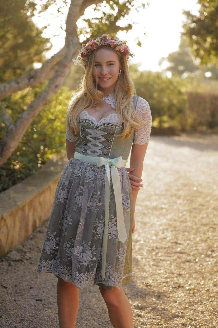 Kruger Mini Dirndl "Alara" in green with floral lace, sweetheart neckline, 60cm skirt length.