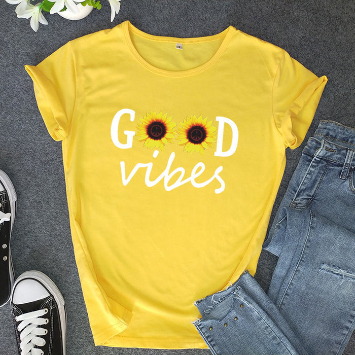 Letter Sunflower Print Ladies Short Sleeve O Neck Loose T Shirt Summer Ladies 🇨🇳