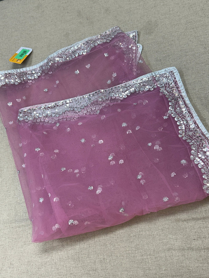 Light pink net dupatta with silver sequin border by Kurti Connection USA