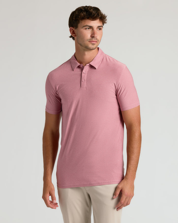 Model in Limited Spring Tall Active Polo 3-Pack, rose polo, beige trousers.