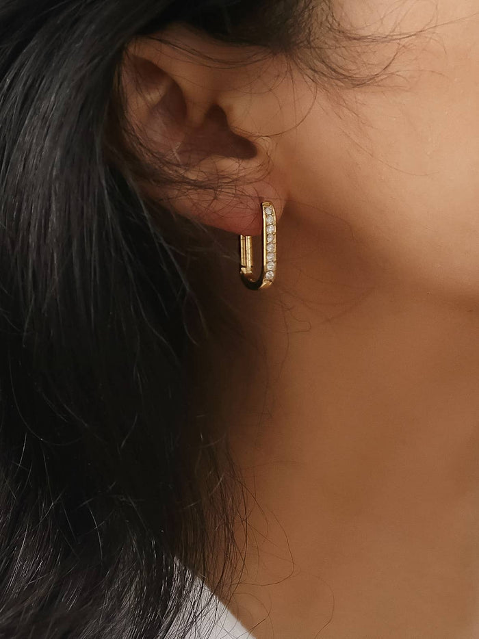 Marze 18K Gold Non-Tarnish CZ Oval Huggie Earrings: Yellow Gold - Olita Gifts & Goods