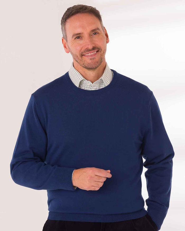 Merino Wool Crew Neck Jumper Mens - Sapphire - Country Collection