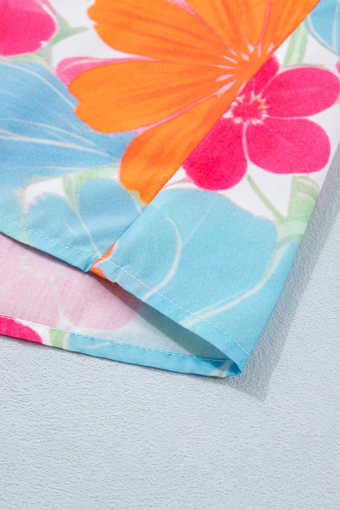 Multicolour Vibrant Flower Printed Tie V Neck Ruffle Trim Sleeveless Blouse 🇺🇸