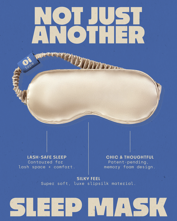 carmel sleep mask with a list of features: lash safe sleep, memory foam design, and made from 100% mulberry silk.