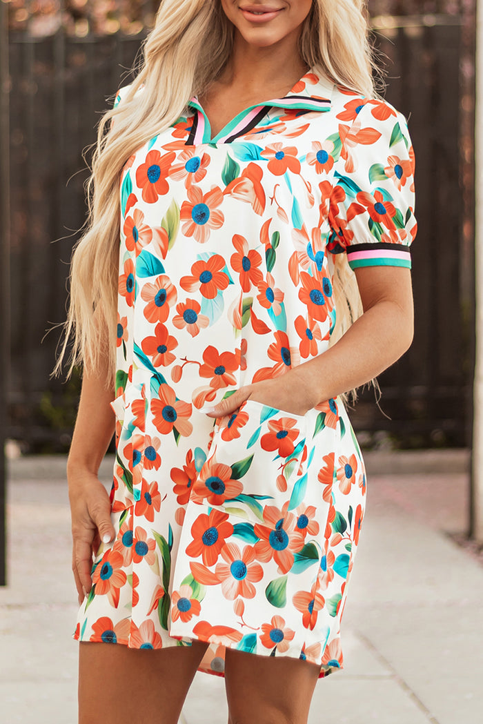 Orange Contrast Trim Floral Split Neck Puff Short Sleeve Tiered Mini Dress 🇺🇸