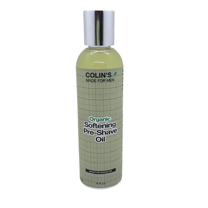 Organic softening pre-shave oil for men, infused with essential oils in a sleek bottle