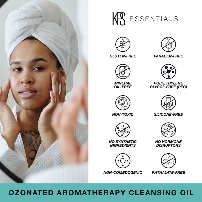 Woman with a towel wrapped around her head applying Ozonated Aromatherapy Cleansing Oil | Kindness Powered Skincare, alongside icons indicating the product is gluten-free, paraben-free, mineral oil-free, PEG-free, non-toxic, silicone-free, free of synthetic ingredients, hormone disruptors, non-comedogenic, and phthalate-free.