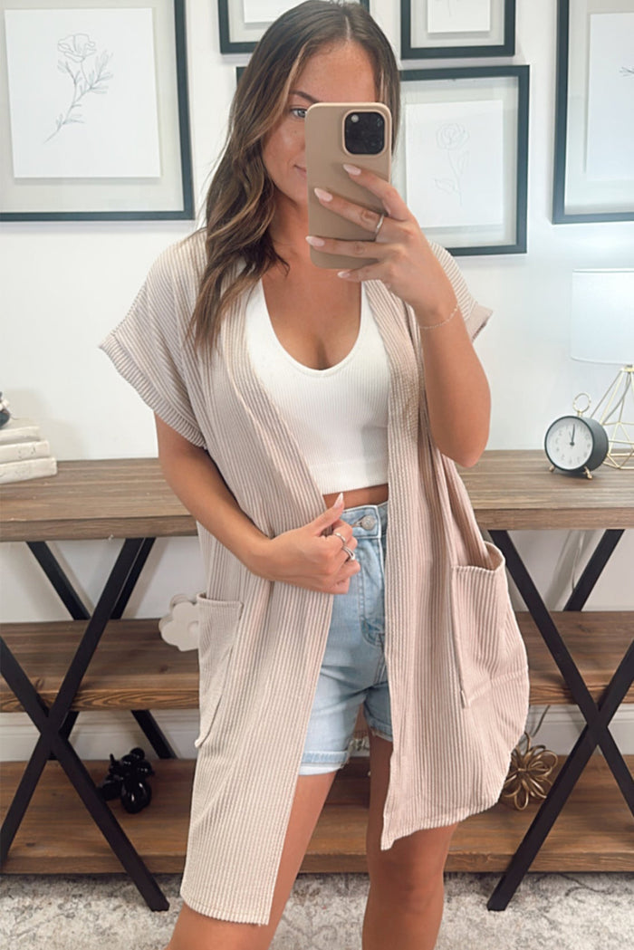 Parchment Ribbed Pocketed Short Sleeve Open Front Top 🇺🇸