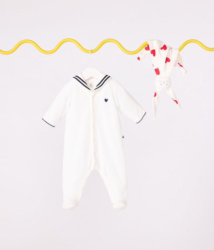 Petit Bateau Velour Snap Front Footie with Sailor Collar