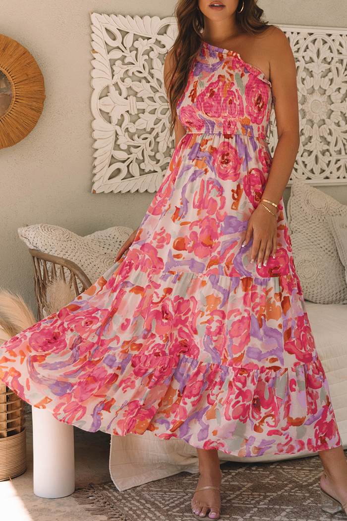 Pink Abstract Floral Print Shirred One Shoulder Maxi Dress 🇺🇸