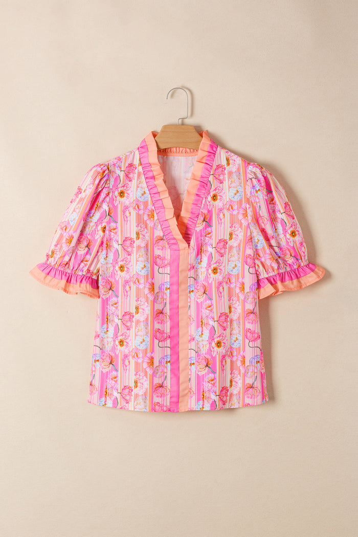 Pink Poppy Flower Striped Print Color Block Trim V Neck Short Sleeve Blouse 🇺🇸