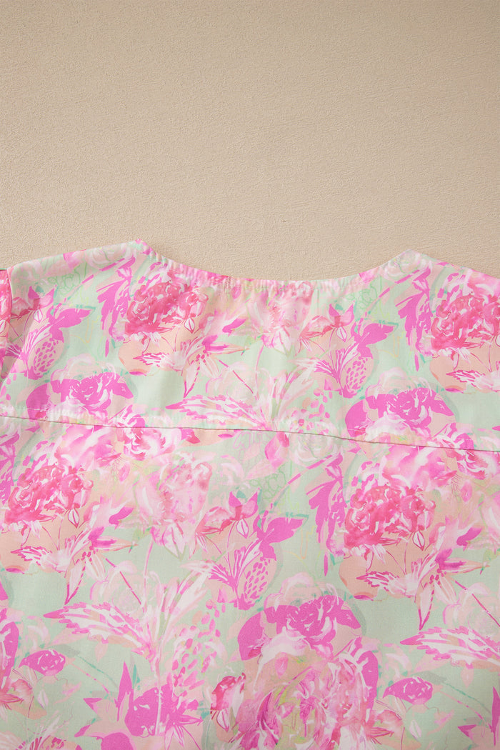 Pink Ribbon Knot Front Floral Short Puff Sleeve Blouse 🇺🇸