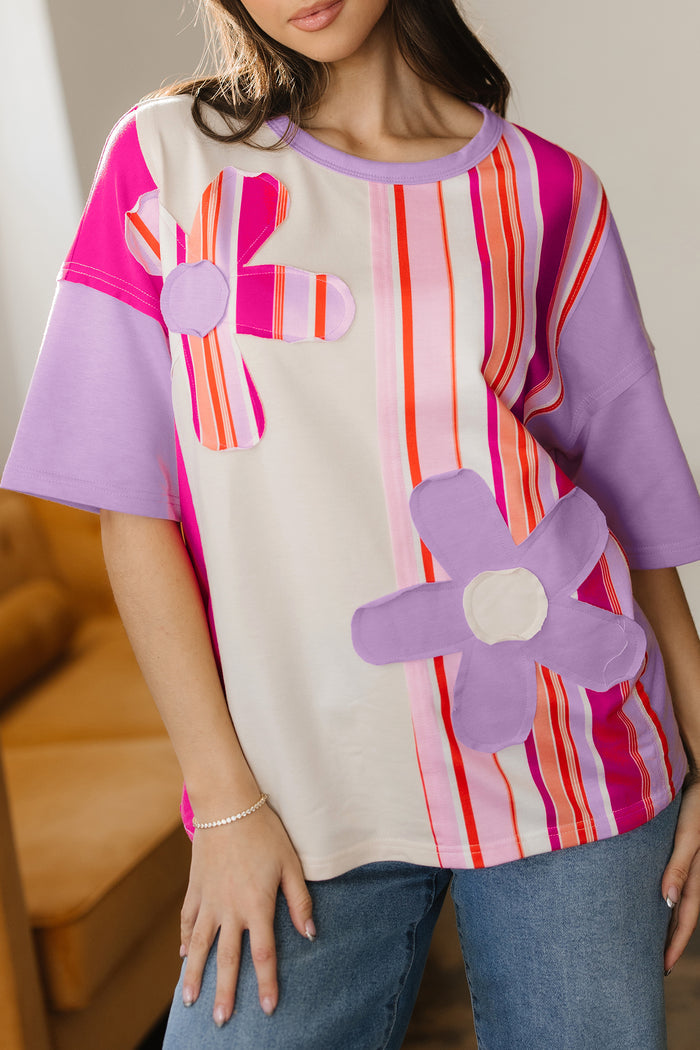 Pink Striped Color Block Flower Patched Half Sleeve Loose Top 🇺🇸