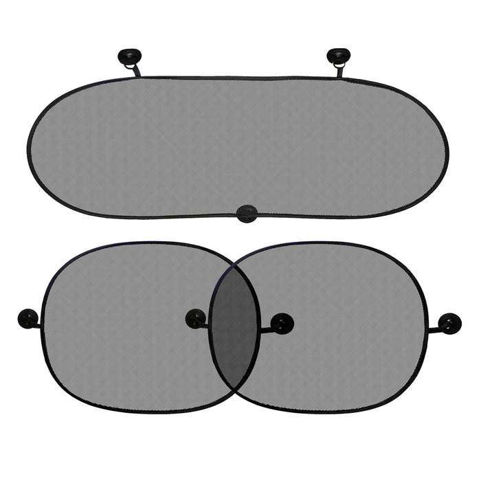 The Nuby Pop Open Car Sunshades (3 Pack) includes one large oval and two smaller rectangular gray shades with black borders, each attaching easily with suction cups for effective sun glare protection.