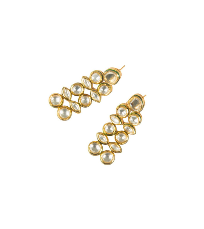 Gold-tone kundan earrings with oval and round pearl-like stones in layered swirl design