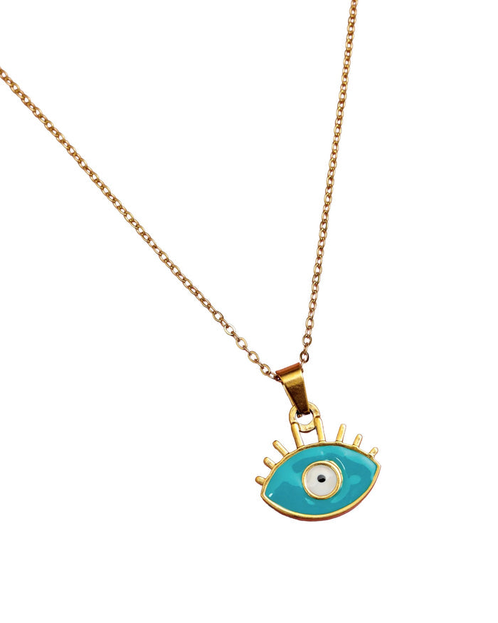 Gold evil-eye pendant necklace with teal-blue eye charm on a chain