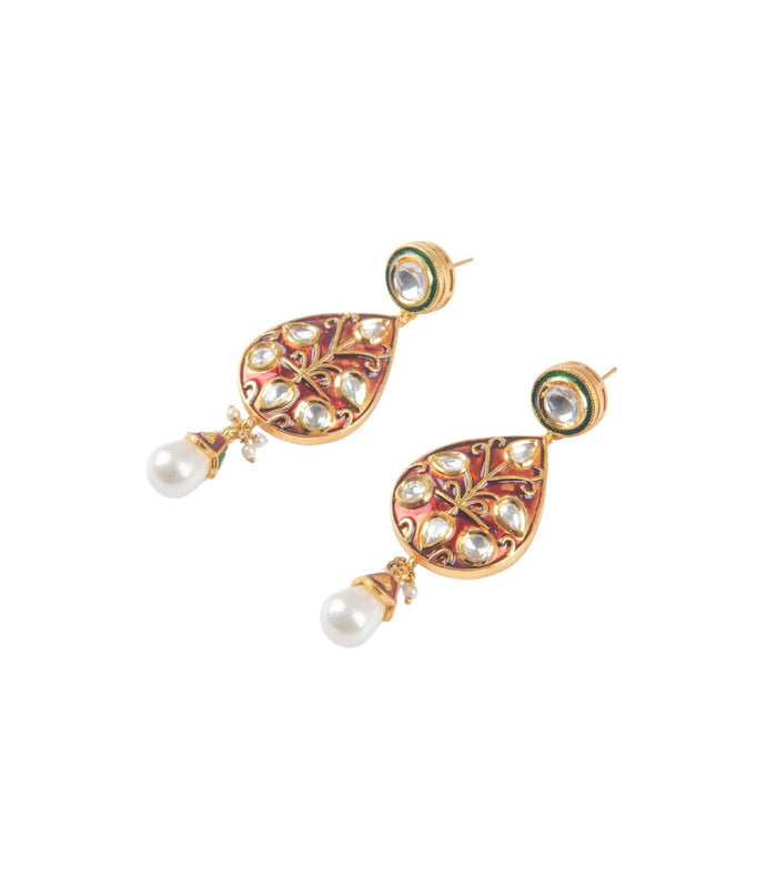 Gold-tone enamel teardrop earrings with green and pink kundan design and dangling pearl drops