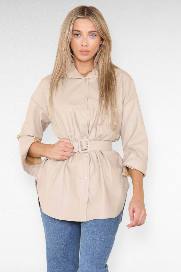 PU Faux Leather Belted Wet Look Shirt Dress 🇬🇧