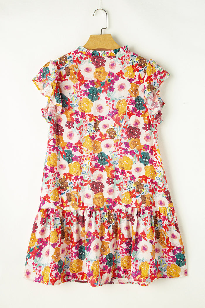 Purple Floral Print Split Neck Flutter Sleeve Dress 🇺🇸
