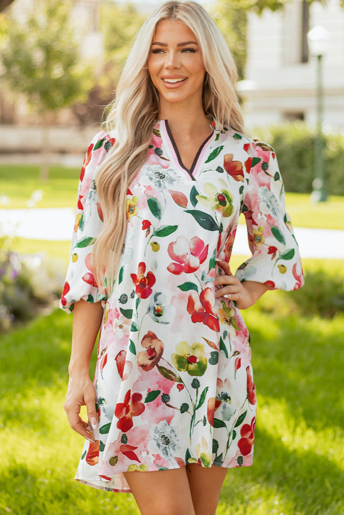 Red Floral Contrast Striped V Neck Puff Half Sleeve Shift Dress 🇺🇸