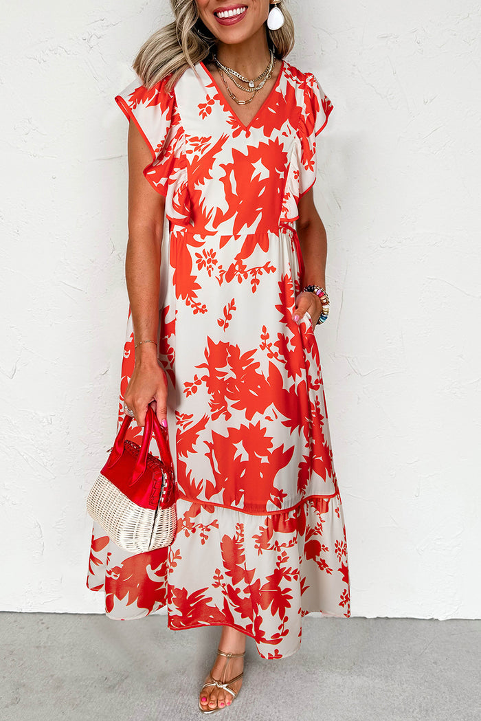Red Floral Print Trimmed V Neck Ruffle Sleeve Long Dress 🇺🇸