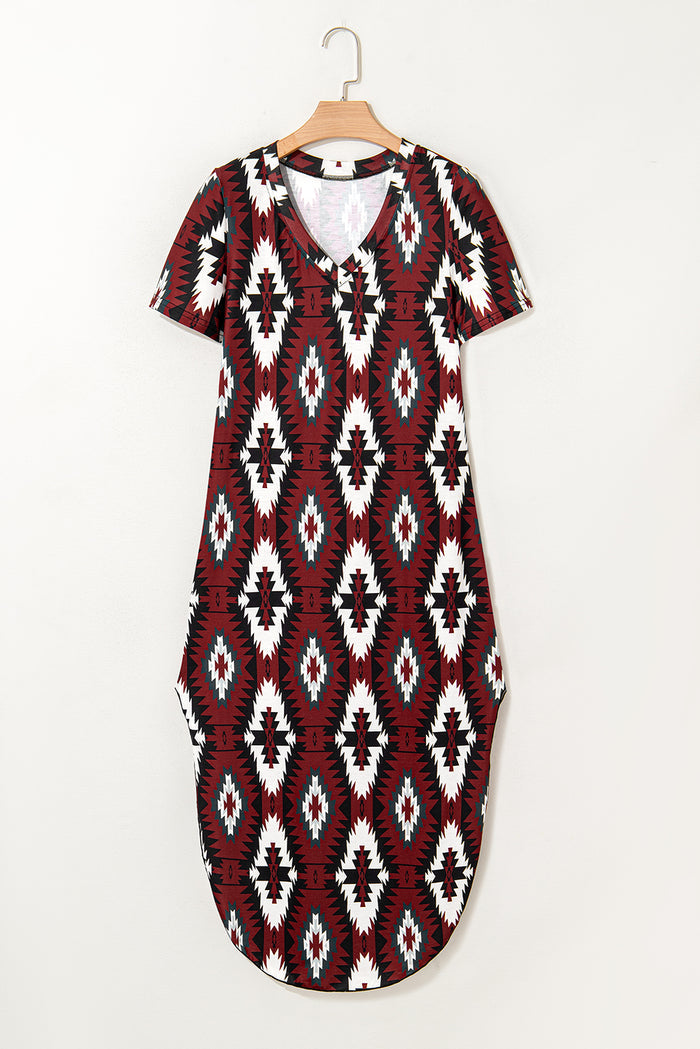 Red Western Aztec Printed Long T-shirt Dress 🇺🇸