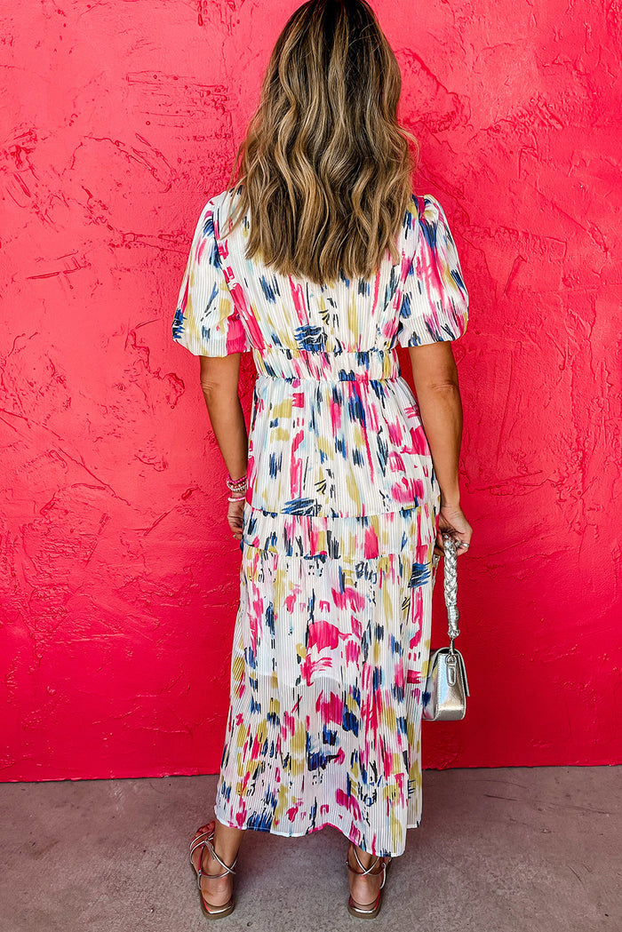 Rose Abstract Print Short Puff Sleeve Tiered Maxi Dress 🇺🇸