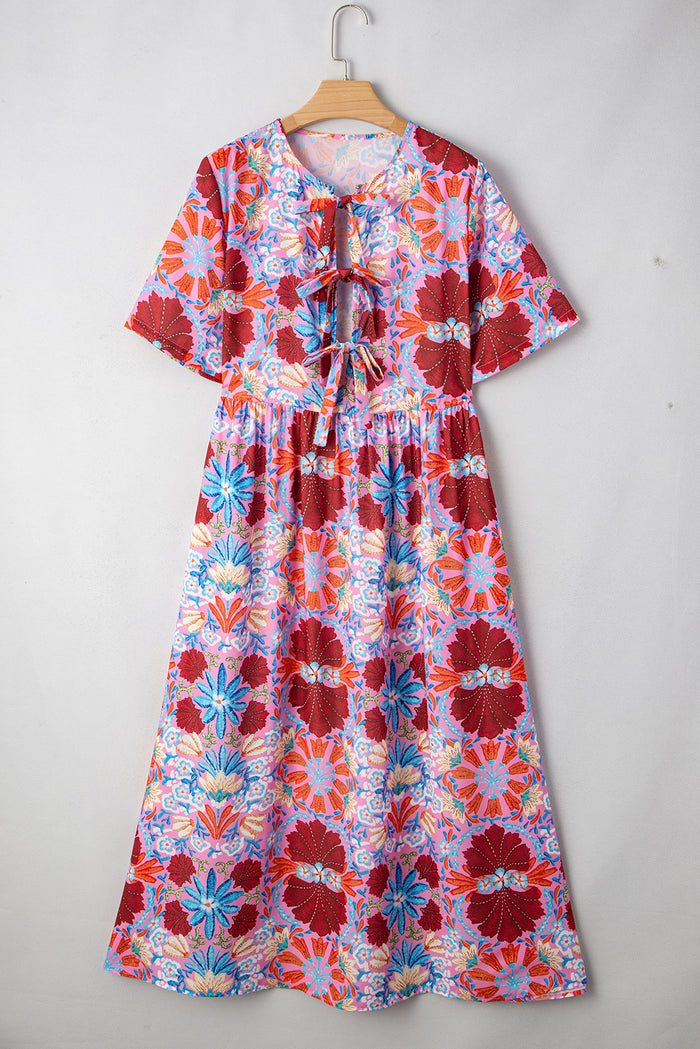 Rose Floral Tied Front High Waist Short Sleeve Loose Long Dress 🇺🇸
