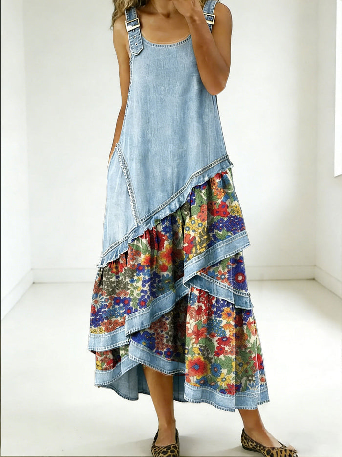 Rovessira - Robe maxi femme patchwork bohème en jean et imprimé floral