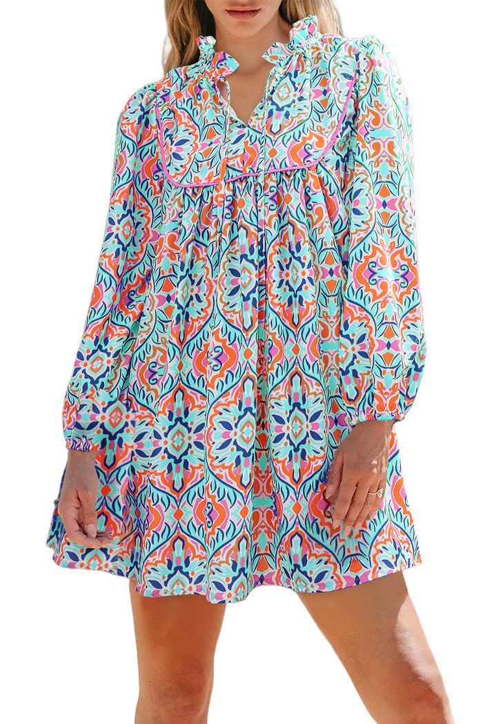 Sky Blue Abstract Printed Long Sleeve Tied Neckline Mini Dress 🇺🇸