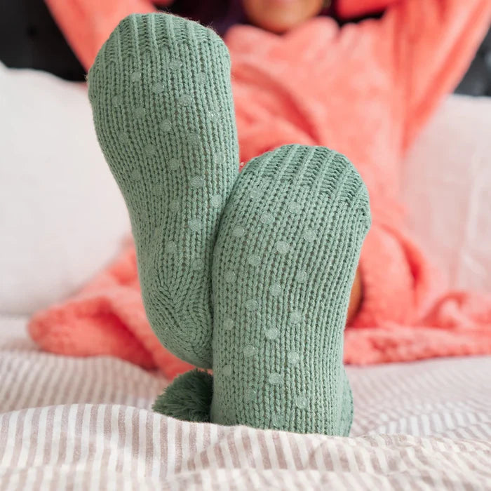 Slouchy Slipper - Sage with Pink Pom