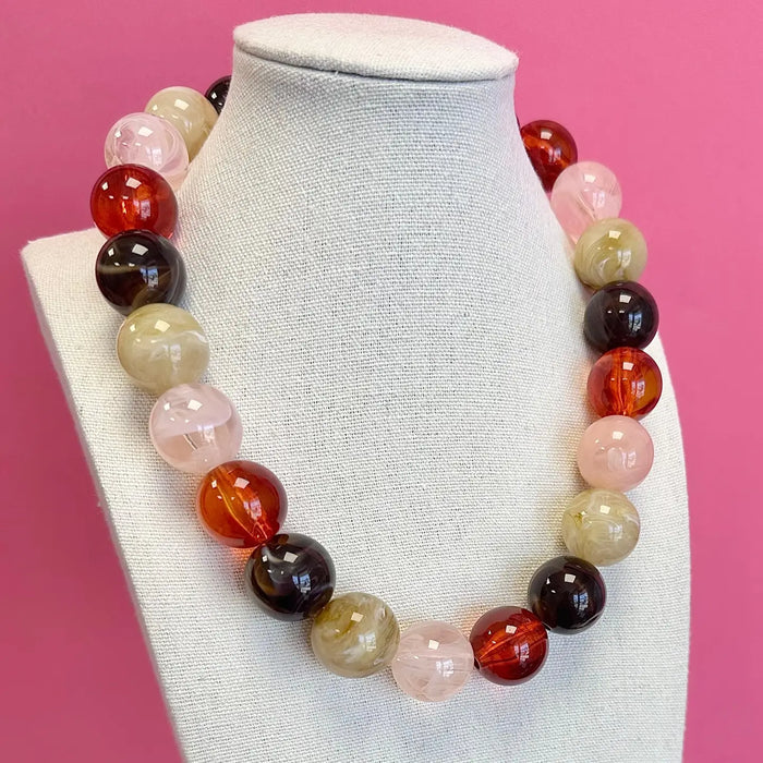 Statement Bead Necklace - Brown and Light Pink