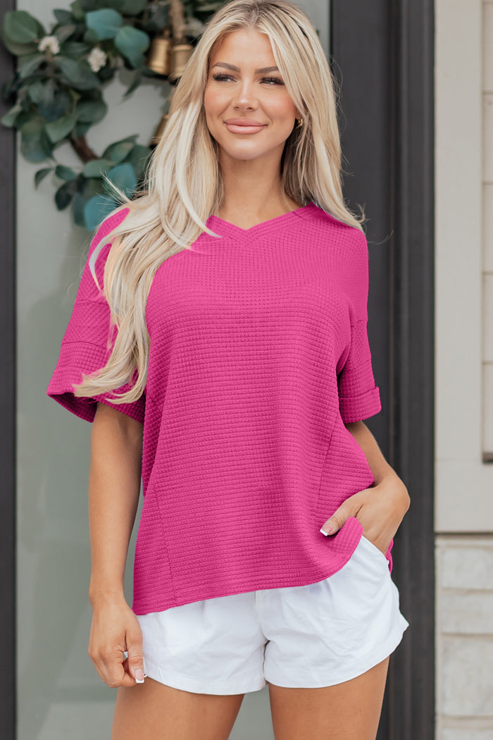 Strawberry Pink Waffle V Neck Short Sleeve Knit Top 🇺🇸